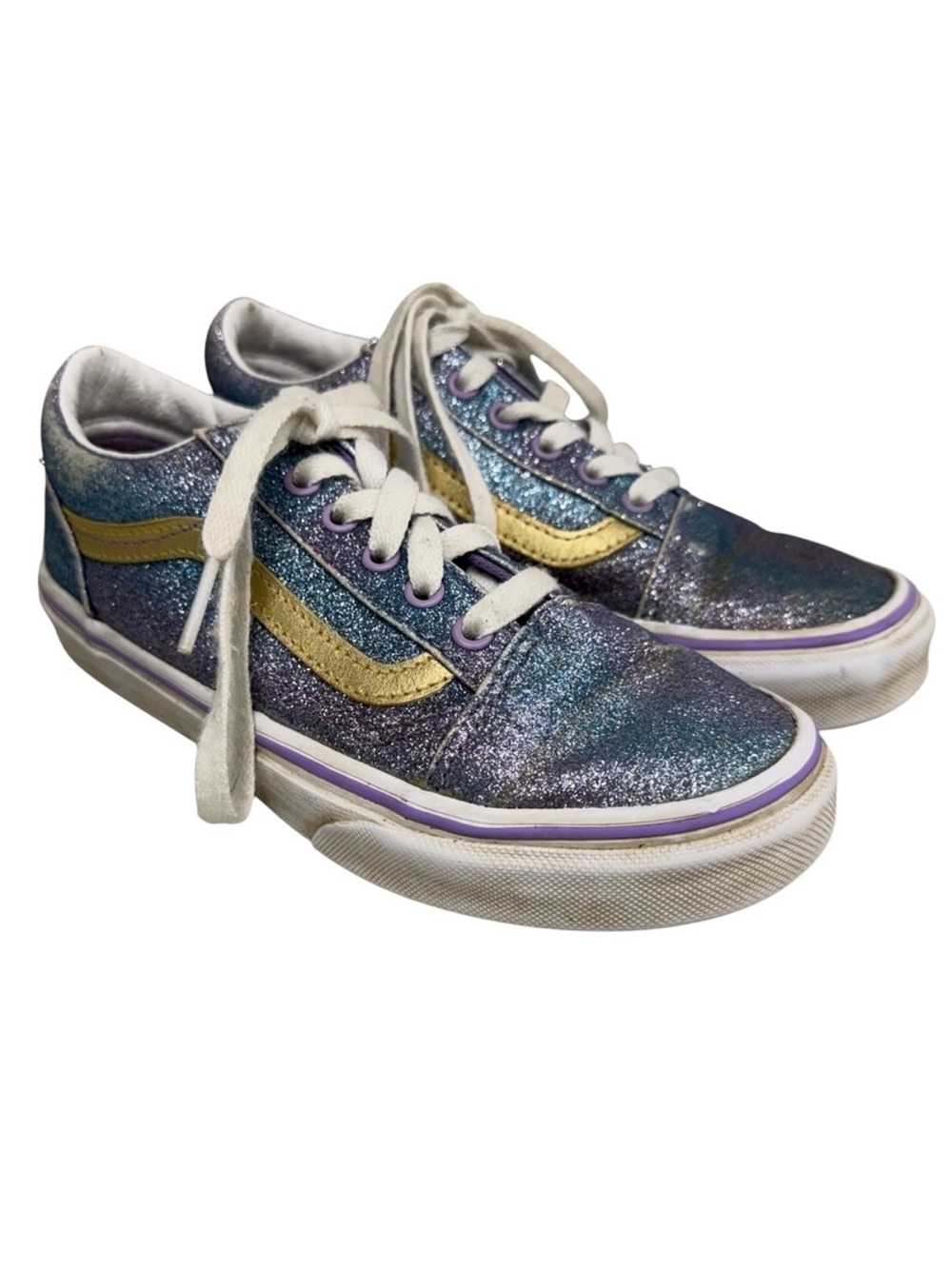 Vans Old Skool Glitter Sneakers Kids Size 3 Blue Purple Gold Sparkle GUC